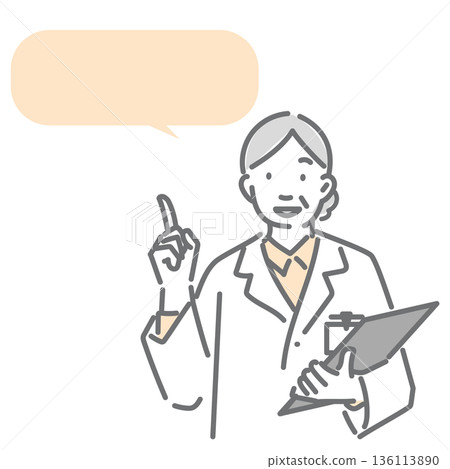 An experienced female doctor explaining with her index finger raised. A simple and stylish line drawing illustration 136113890