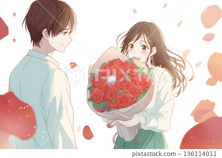 一幅浪漫的求婚插畫，畫面中一枚鑽戒置於一束玫瑰花之中。 136114011