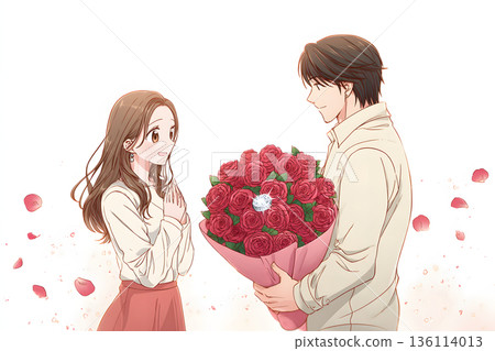 一幅浪漫的求婚插畫，畫面中一枚鑽戒置於一束玫瑰花之中。 136114013