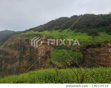 Rocky cliff face covered with lush green vegetation, illustrating the dramatic terrain and monsoon greenery of Matheran hill station. 136114118