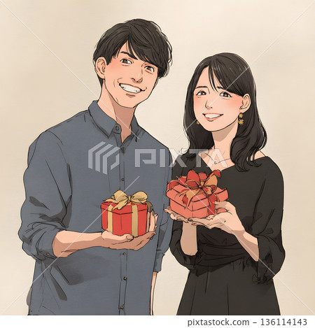 Anniversary illustration of young men and women giving gifts, birthday or Valentine's Day scene 136114143