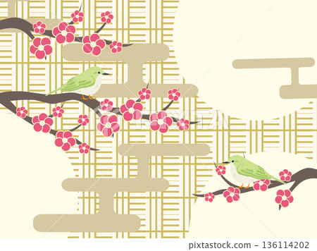 日式圖案背景，飾以梅花和日本繡眼鳥 136114202