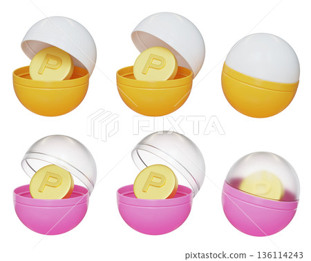 Golden coin inside gashapon capsule 3D illustration Golden coin inside gashapon capsule 3D illustration 136114243