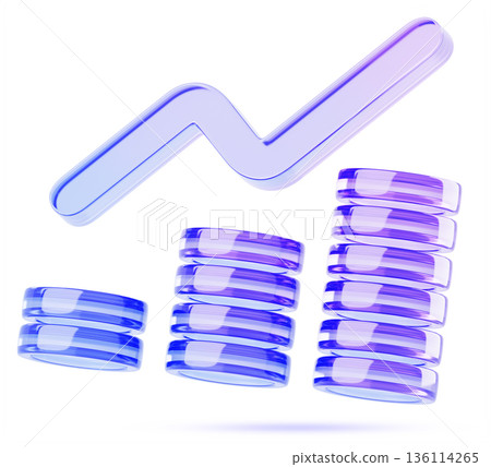 Glass holographic coin stacks with growth arrow 3d render icon. Purple crystal stock chart, cryptocurrency exchange market. Financial success, investment, savings, revenue or profit. 3D illustration 136114265