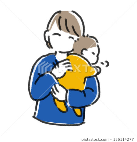 Illustration of a mother burping her baby. Simple line drawing. Illustration for post-feeding, childcare, and everyday life. 136114277