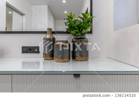 Modern interior detail with decorative ceramic vases and green plant 136114310