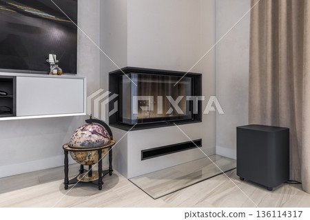Modern minimalist corner fireplace with vintage globe bar Modern minimalist corner fireplace with vintage globe bar 136114317