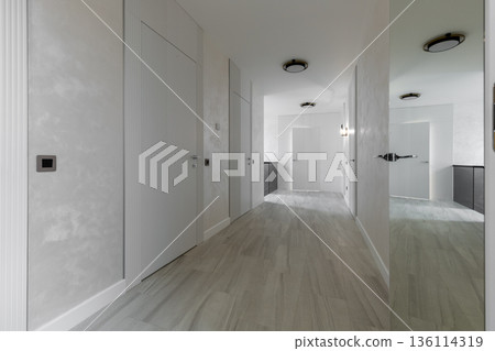 Modern minimalist hallway with flush doors and mirrored accents Modern minimalist hallway with flush doors and mirrored accents 136114319
