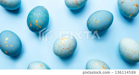 Easter background of eggs painted in blue color. 136114589