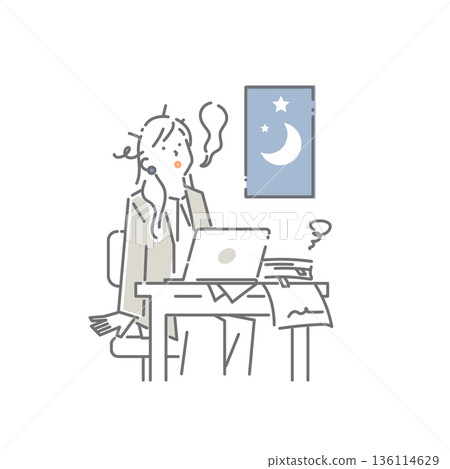 一位疲憊的年輕女子正在加班。簡潔時尚的線條畫插圖。 一位疲憊的年輕女子正在加班。簡潔時尚的線條畫插圖。 136114629
