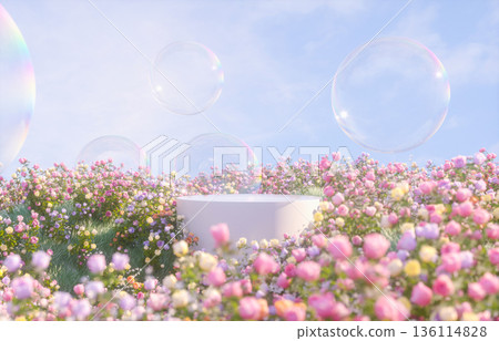 Natural beauty podium backdrop with spring rose flower garden scene. 3d rendering. 136114828
