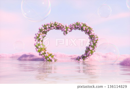 Valentine Background with Surreal pink rose heart in calm water. 3d rendering Valentine Background with Surreal pink rose heart in calm water. 3d rendering 136114829