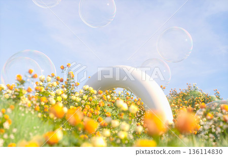 Natural beauty podium backdrop with spring rose flower garden scene. 3d rendering. 136114830
