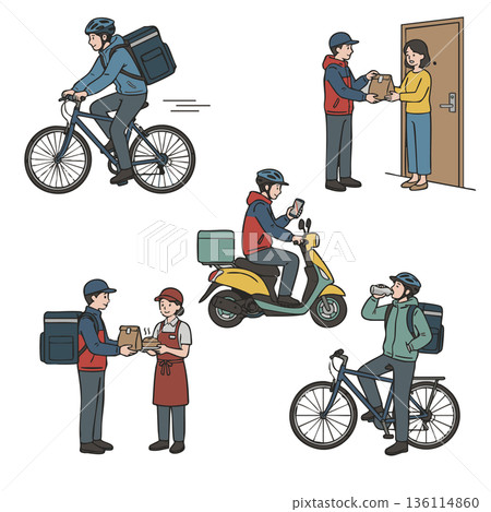 Food delivery worker and service user illustration set 136114860