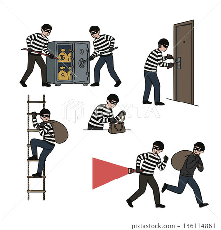 Thief and burglary crime scene illustration set variations Thief and burglary crime scene illustration set variations 136114861