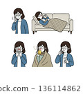 Illustration set of a young woman recovering from a cold or poor health Illustration set of a young woman recovering from a cold or poor health 136114862