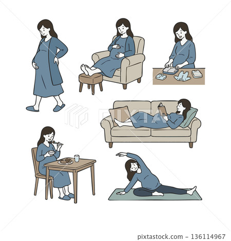 6 組插圖，描繪了孕婦在懷孕晚期最後一個月和產婦生活的日常生活。 136114967