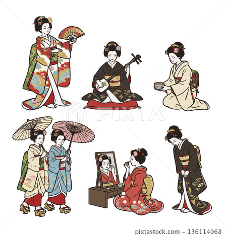 Illustration set of traditional maiko behavior and daily life variations 136114968