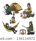 Illustration set of a woman enjoying solo camping, outdoor scene Illustration set of a woman enjoying solo camping, outdoor scene 136114972
