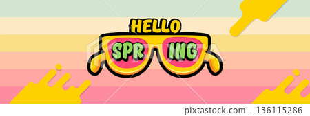 Hello Spring vector banner with text and retro yellow sunglasses isolated on stripped background. Hello Spring poster design template with cartoon sunglasses, retro rainbow, good vibes 136115286