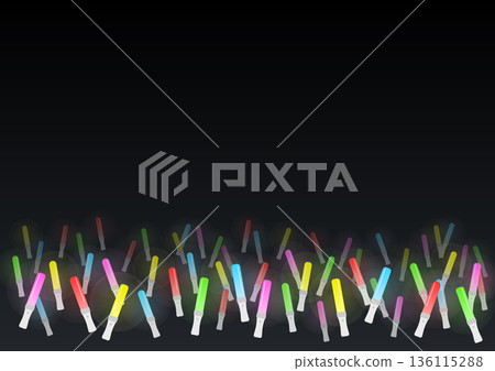Background illustration of a live concert venue: Stage decoration of colorful penlights and spotlights glowing in the dark Background illustration of a live concert venue: Stage decoration of colorful penlights and spotlights glowing in the dark 136115288