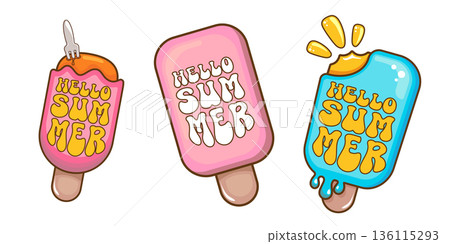 Hello Summer Ice Cream Popsicle Set Vector, Cute Cartoon Characters, Sweet Frozen Dessert Collection, Colorful Summer Treats, Graphic Elements, Sticker Design, Food Illustration, Digital Art, Kids Fun 136115293