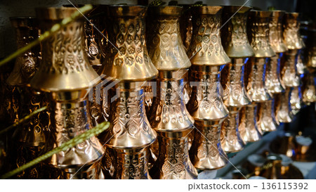 Traditional Copper Coffee Pots Displayed on Market Shelf Traditional Copper Coffee Pots Displayed on Market Shelf 136115392