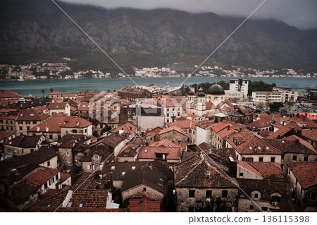 Old town of Kotor rooftops in the rain 136115398
