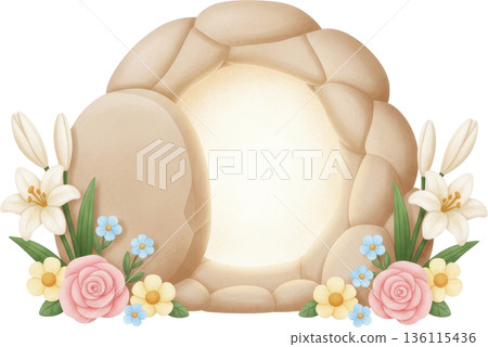 Empty stone tomb glowing with light and surrounded by Easter flowers 136115436