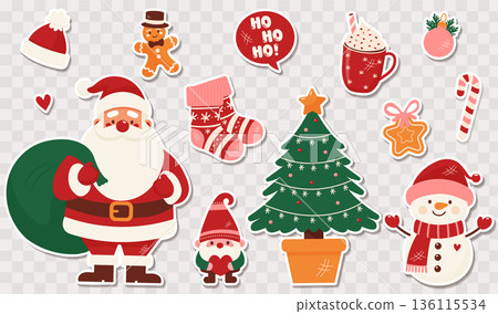 Christmas stickers set with Santa Claus snowman tree and gingerbread vector illustration. Christmas stickers set with Santa Claus snowman tree and gingerbread vector illustration. 136115534