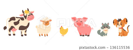 Cute farm and domestic animals set with cow sheep pig chicken cat dog vector illustration. Cute farm and domestic animals set with cow sheep pig chicken cat dog vector illustration. 136115536