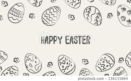 Hand drawn whimsical Easter banner with doodle egg border and flowers. Naive sketch style spring greeting card with imperfect ink texture and playful lettering for seasonal design. Vector illustration 136115664