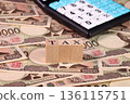 10,000 yen bill, calculator, and TAX block (tax, tax return image) 136115751