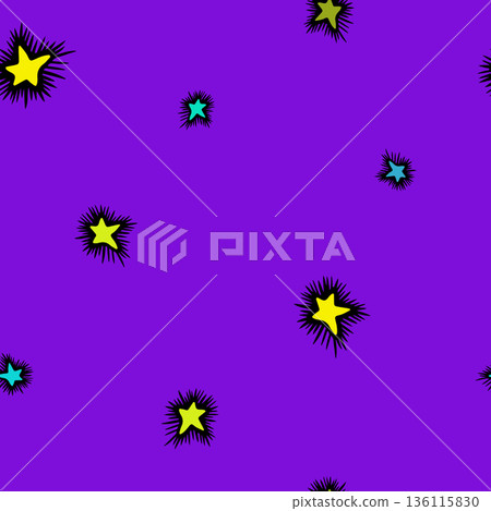Hand Drawn Glowing Stars Seamless Pattern on Purple Background for Kids Night Design 136115830