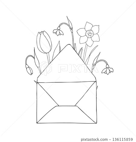 Vector composition with open paper envelope, snowdrop, easter daffodil and tulip flowers. Graphic spring blank, hand drawn illustration isolated on background. Botanical and wedding clip art. For Vector composition with open paper envelope, snowdrop, easter daffodil and tulip flowers. Graphic spring blank, hand drawn illustration isolated on background. Botanical and wedding clip art. For 136115859