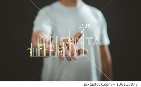 Person interacting with futuristic business growth chart from 2021 to 2026 136115878