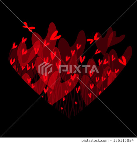Red hearts on black. Happy Valentine's Day postcard. Hand drawn. Not AI, vector illustration. Red hearts on black. Happy Valentine's Day postcard. Hand drawn. Not AI, vector illustration. 136115884