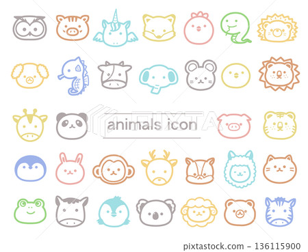 Hand drawn cute animal color line drawing icon set Hand drawn cute animal color line drawing icon set 136115900