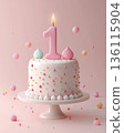 Minimal pastel birthday cake with number one candle on pink backgrounds. First birthday celebrations, baby parties, invitations, soft joyful event visuals. Celebration, joy, happy, holiday, wishes. 136115904