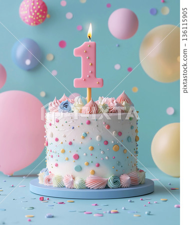 Colorful festive cake with number one candle and balloons on blue backgrounds. Children parties, first birthday, joyful celebrations, vibrant event designs. Celebration, joy, happy, holiday, wishes. 136115905