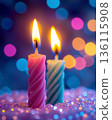 Glowing birthday candles, colorful bokeh background. Festive backgrounds. Classic celebration symbol, symbolism, holiday atmosphere, joy, wishes, happy party mood, greeting, anticipation, tradition. 136115908