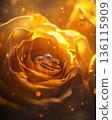 Luxurious Valentines Day composition with glowing golden rose and sparkling engagement ring. Symbolism, eternal love, commitment, romance, proposal, anniversary, heartfelt celebrations of affection. 136115909