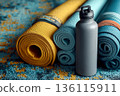 Colorful rolled yoga mat with a stainless bottle in warm light. Yoga mats and metal bottle on textured surface. Wellness, yoga, mindful lifestyle content, home fitness setup. Holistic health focused. 136115911