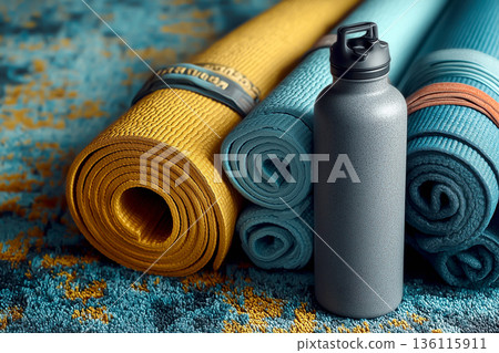 Colorful rolled yoga mat with a stainless bottle in warm light. Yoga mats and metal bottle on textured surface. Wellness, yoga, mindful lifestyle content, home fitness setup. Holistic health focused. 136115911