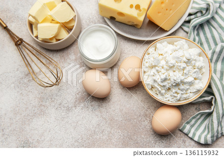 Dairy products and eggs for healthy breakfast cooking 136115932