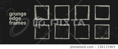Vintage grunge frame with rough black edges and torn paper texture. Retro border design for posters, overlays, and creative collage projects with authentic worn effect. Vintage grunge frame with rough black edges and torn paper texture. Retro border design for posters, overlays, and creative collage projects with authentic worn effect. 136115963