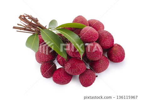 Fresh lychees and leaves isolated on a white background 136115967