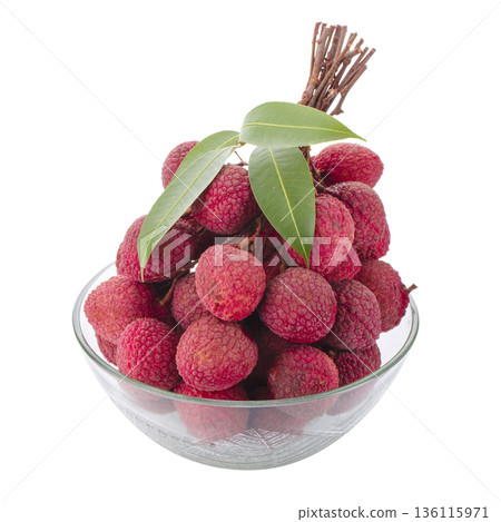 Fresh lychees and leaves isolated on a white background 136115971