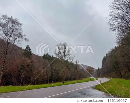 Esch-Sur-Sure, Wiltz, Grand Duche De Luxembourg, December 7, 2025, Dull sky routes amid green Esch-Sur-Sure, Wiltz, Grand Duche De Luxembourg, December 7, 2025, Dull sky routes amid green 136116037