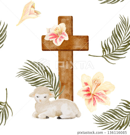 Seamless pattern with cross, lamb, palm leaves and lilies, hand-painted watercolor, calm Christian composition for Easter design, faith branding, textiles, packaging, stationery, seasonal backgrounds. 136116085